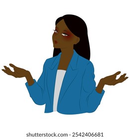 African American woman wearing a suit and spreading her hands