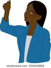 African American woman wearing a suit and raising her fist