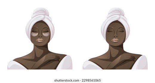 African American woman in white bathrobe and towel.The concept of spa, relaxation, face and body skin care. Eye patches. Health and beauty. Trendy vector illustration