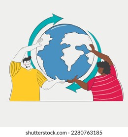 African American woman and a white man hold the earth together. recycling logo