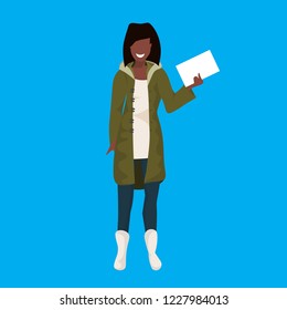 african american woman winter clothes hold envelope female cartoon character full length blue background flat vector illustration
