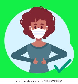 African american woman with and without a medical mask on her face. People without protection masks are not allowed. Sign stickers can be used in public places. Covid, health, comparison illustration
