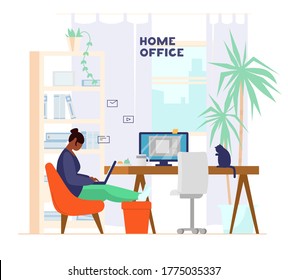 African American Woman Working Or Studying at laptop from home. Home Office Interior with plants and cat. Flat vector illustration.