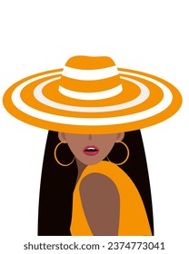 African American woman in yellow striped hat. Vector illustration in flat style