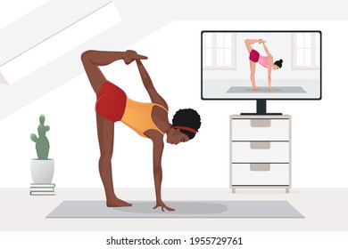 african american woman yoga education, practicing stretching at home with instructor by video on TV on Internet online.