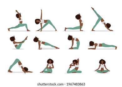 African american woman in yoga pose set. Collection of female cartoon yoga positions isolated on white background. Full body yoga workout, eps 10