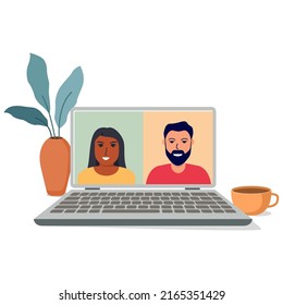 African american womanand man people connecting together.Internet learning team. Video conference working on laptop computer.Video call computer screen.Learn study from home.Vector flat illustration.