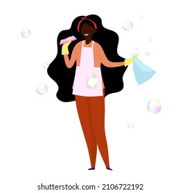 African, american woman.Beautiful cleaning lady with sponge and cleaning agent in a bottle. Vector illustration.