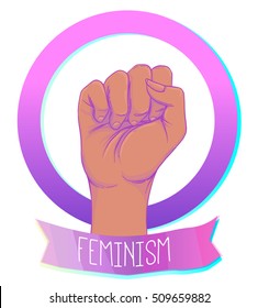 African American Woman's hand with her fist raised up. Girl Power. Feminism, anti-racism concept. Realistic style vector illustration in pink on white. Sticker, patch graphic design. 