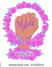 African American Woman's hand with her fist raised up. Girl Power. Feminism, anti-racism concept. Realistic style vector illustration in pink on white. Sticker, patch graphic design. Roses.