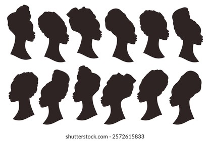 African American women icon set. Black woman silhouette in profile. African girls in national turban. Woman avatar. Female characters in traditional dress. Vector flat Illustration