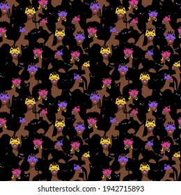 African American women in masquerade masks and black cats seamless pattern. Puzzle background 