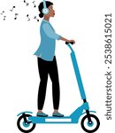 African American women portrait. Girl on a blue scooter. Modern young fashionable woman with dark skin. Vector people.
