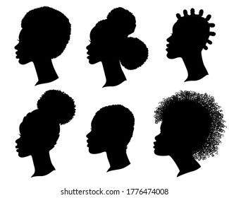 African American women profile black silhouette. Set of vector heads isolated on white