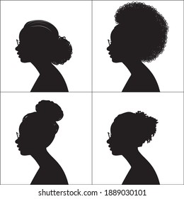 Afroamericana, siluetas de perfil femenino, lentes de uso, ilustración de vectores