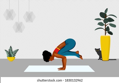 African American women standing in Adho Mukha Vrksasana exercise. Next to woman walking cat. vector illustration.Yoga, concept of meditation, health benefits for body, control of mind and emotions.