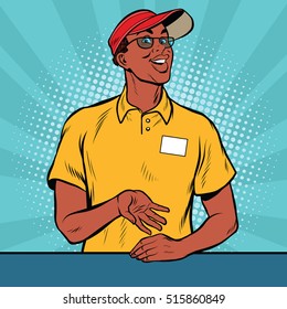 African American worker fast food gives the order, pop art retro vector illustration. A restaurant employee. The seller is in uniform