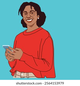 An African American working-class lady holding a cell phone smiling