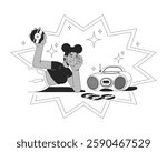 African american y2k girl with CDs and boombox black and white 2D illustration concept. 2000s fashion music lover black woman compact discs outline character isolated. Metaphor monochrome vector art