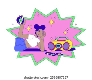 African american y2k girl with CDs and boombox 2D illustration concept. 2000s fashion music lover black woman compact discs cartoon character isolated on white. Metaphor abstract flat vector graphic