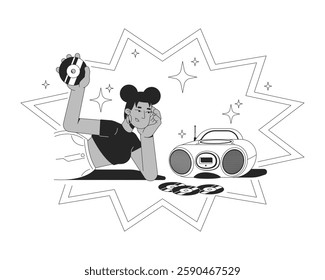 African american y2k girl with CDs and boombox black and white 2D illustration concept. 2000s fashion music lover black woman compact discs outline character isolated. Metaphor monochrome vector art