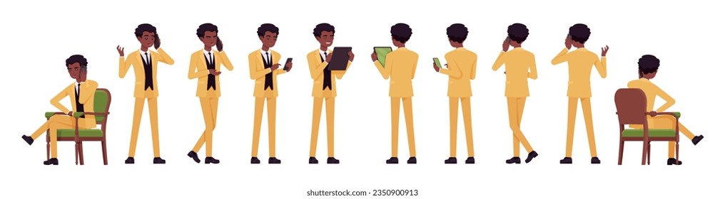 Hombre de traje amarillo, hombre de negocios, sostiene poses de artilugios. Comediante de Standup, consultor de oficina, artista. Caricatura vectorial de estilo plano aislado, fondo blanco