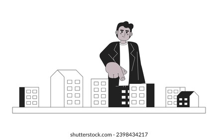 African american young adult man pointing condo black and white 2D cartoon character. Casual business black guy isolated vector outline person. Male choosing house monochromatic flat spot illustration