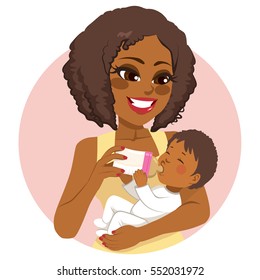 African American young beautiful woman nurturing her little baby with milk bottle