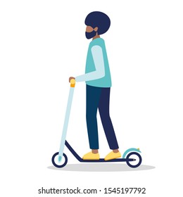 African American young boy with beard  rides on a black and white electric scooter. A man riding a kick scooter isolated on a white background.