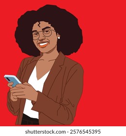 An African American young corporate lady in professional attire, smiling warmly as she holds her cell phone, exuding confidence and positivity in a modern office environment.