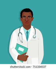 African American Young Doctor With Stethoscope Isolated Vector. Man Profession Characters. Doctor Holding Folder With Medical Information.