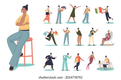 African american young female cartoon character lifestyle set: woman student, graduating, travel, on shopping, mother, with smartphone, nurse businesswoman at work. Flat vector illustration