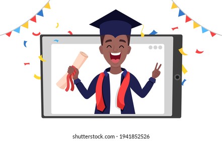African - American young graduated boy smiling and holding a diploma in tablet. Virtual graduation ceremony via video call from home during coronavirus isolation. Vector cartoon flat illustration