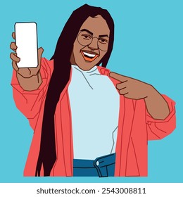 An African American young lady showing her mobile phone screen looking happy 