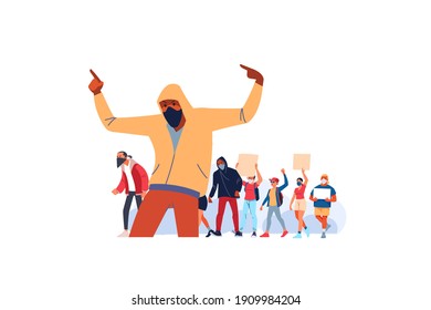 African American young man in hoodie screaming at protest for human rights outdoors in smoke. Group of people protesting at street. Strike against violence.  Cartoon Flat style vector illustration.