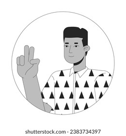 African american young man peace fingers black and white 2D vector avatar illustration. Black guy takes selfie outline cartoon character face isolated. Two fingers up. Mood fun flat user profile image