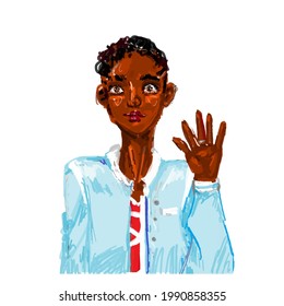 The African American young man raised his hand in greeting. Vector illustration.