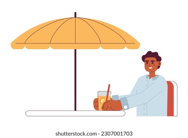 African american young man with soda drink sitting under umbrella flat vector cartoon character. Spot illustration. Half body person isolated on white. Editable 2D simple drawing, graphic design