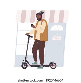 Joven afroamericano parado con teléfono móvil y motocicleta eléctrica. Carácter masculino moderno montando transporte ecourbano. Ilustración vectorial plana coloreada aislada en fondo blanco