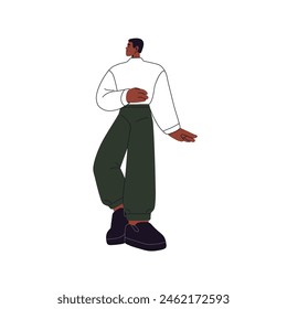 African american young man in trousers goes ahead front view. Black person steps forward, looking around during walk. Calm guy in pants strolls. Flat isolated vector illustration on white background