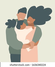 African American young parents hugging their daughter stylish earthy colors portrait. Modern family design standing embracing their offspring together. Modern husband wife happy family art print. 