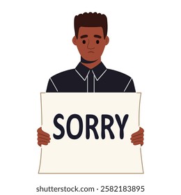 African american young sad man holding a card SORRY and pleading apology