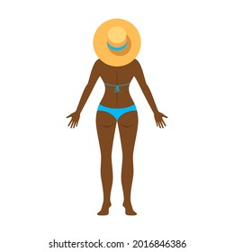 African american young slim woman in blue bikini standing with her back vector. Beautiful woman in a bathing suit with a big straw hat icon isolated on a white background