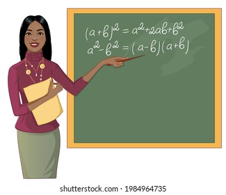 African American young teacher at blackboard, vector image, eps10
