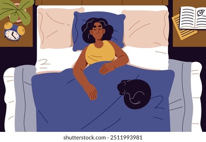 African American young woman and cat sleep in bed together top view. Asleep girl has a rest with pet in bedroom. Tired person in pajama lying on pillow, naps at night. Flat vector illustration