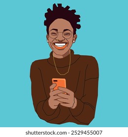 
An African American young woman with a cell phone looking so excited reading her messages wearing glasses