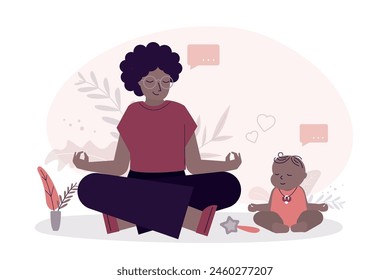 African american young woman doing yoga with her child at home. Mother exercising with her little baby kid. Parent and baby relaxation together in lotus yoga pose. flat vector illustration