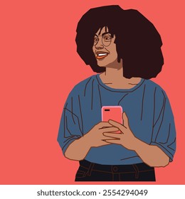 An African American young woman holding a cell phone looking sideways