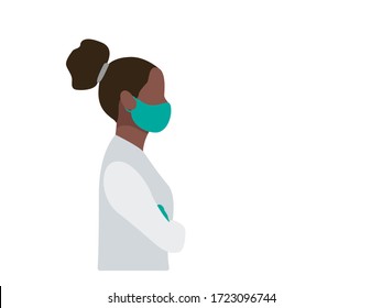 african american young woman in mask and gloves side view, virus prevention. flat vector illustration