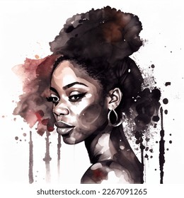 Afroamerikanisch junge Frau Aquarell Portrait, Vektorgrafik. Abstrakte Kunst von schönem Gesicht in schwarzen Schatten, handgezeichnet